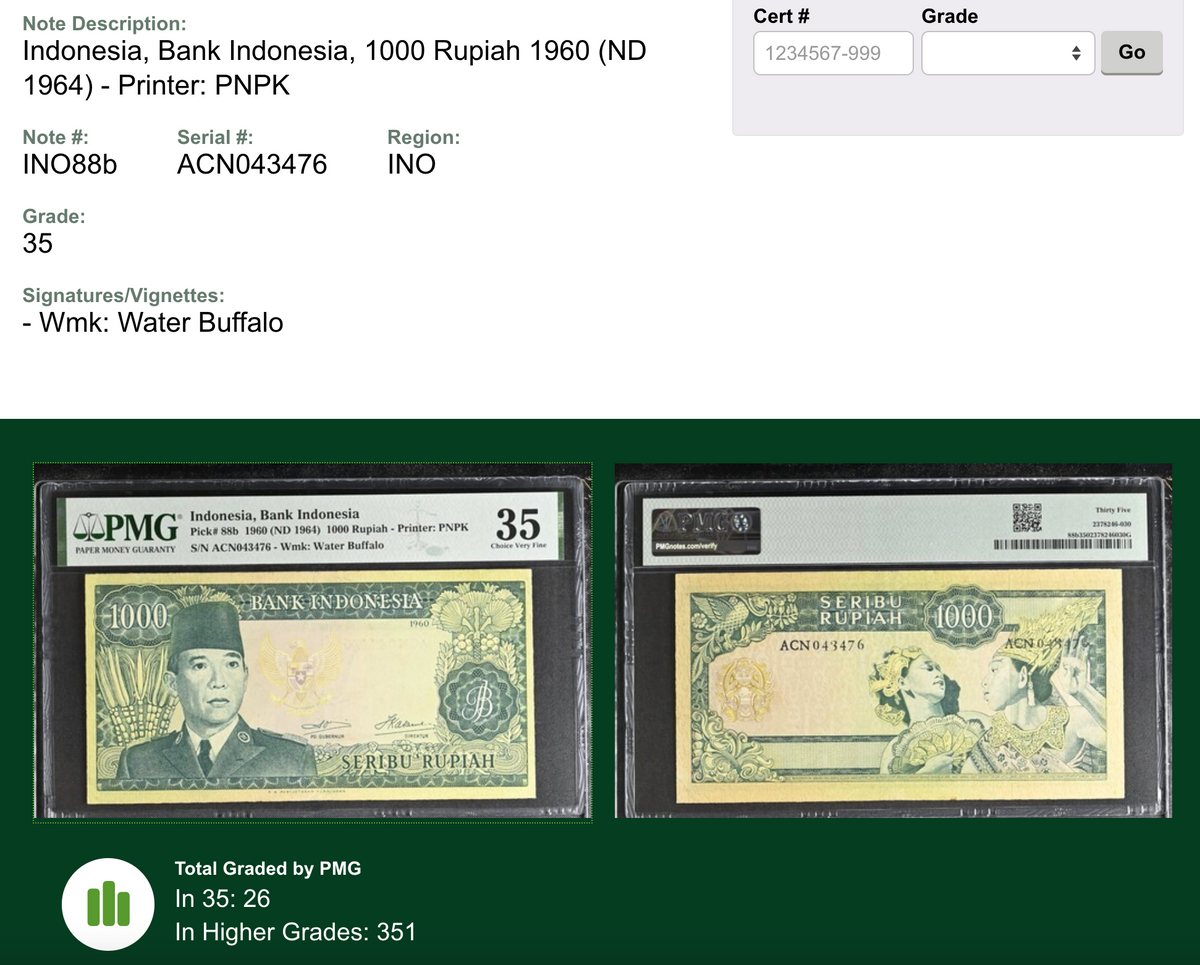 Authentic Vintage Banknote 1960 PMG 35 Soekarno 1000 Rupiah — close-up detail