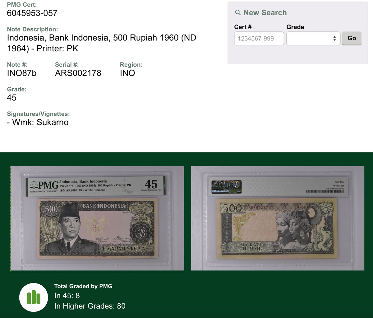 Genuine Old Paper Money 1960 Soekarno 500 Rupiah PMG 45 Choice XF — close-up detail