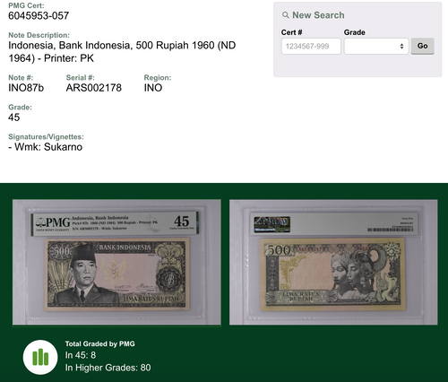 Genuine Old Paper Money 1960 Soekarno 500 Rupiah PMG 45 Choice XF — close-up detail