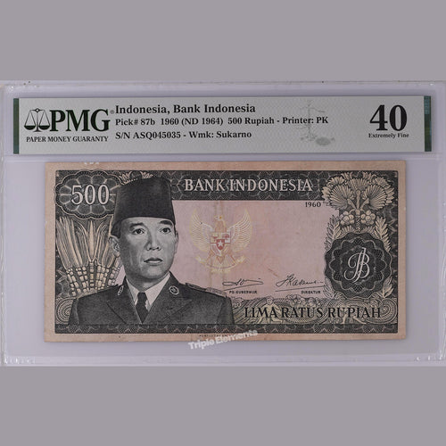 Antique Currency Soekarno 500 Rupiah Series 1960 PMG 40 Extremely Fine Indonesia Banknote — front view