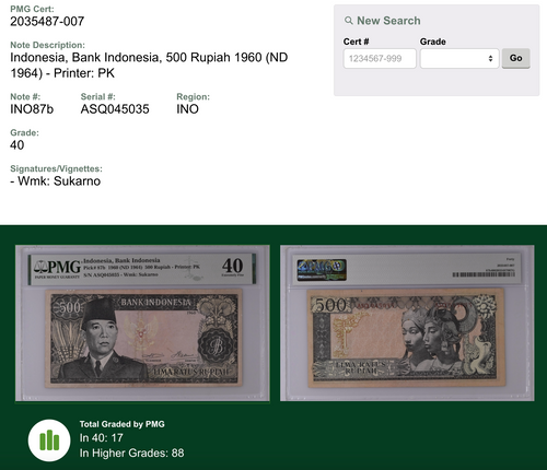 Antique Currency Soekarno 500 Rupiah Series 1960 PMG 40 Extremely Fine Indonesia Banknote — close-up detail