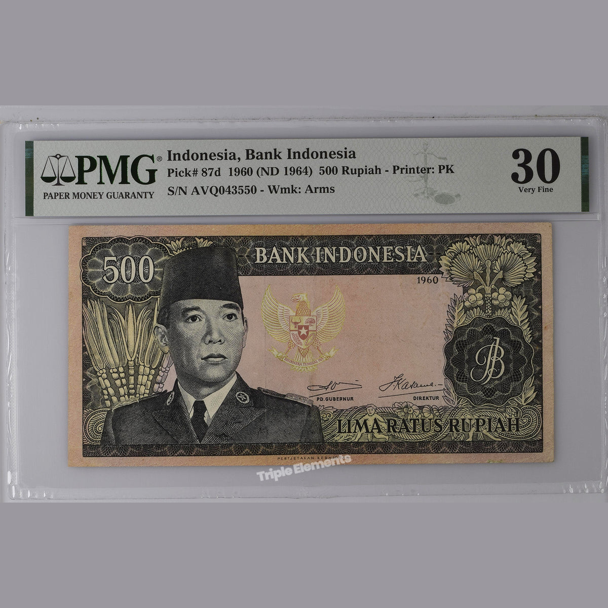 RARE Vintage Currency PMG 30 Soekarno 1960 Arms Watermark 500 Rupiah — front view
