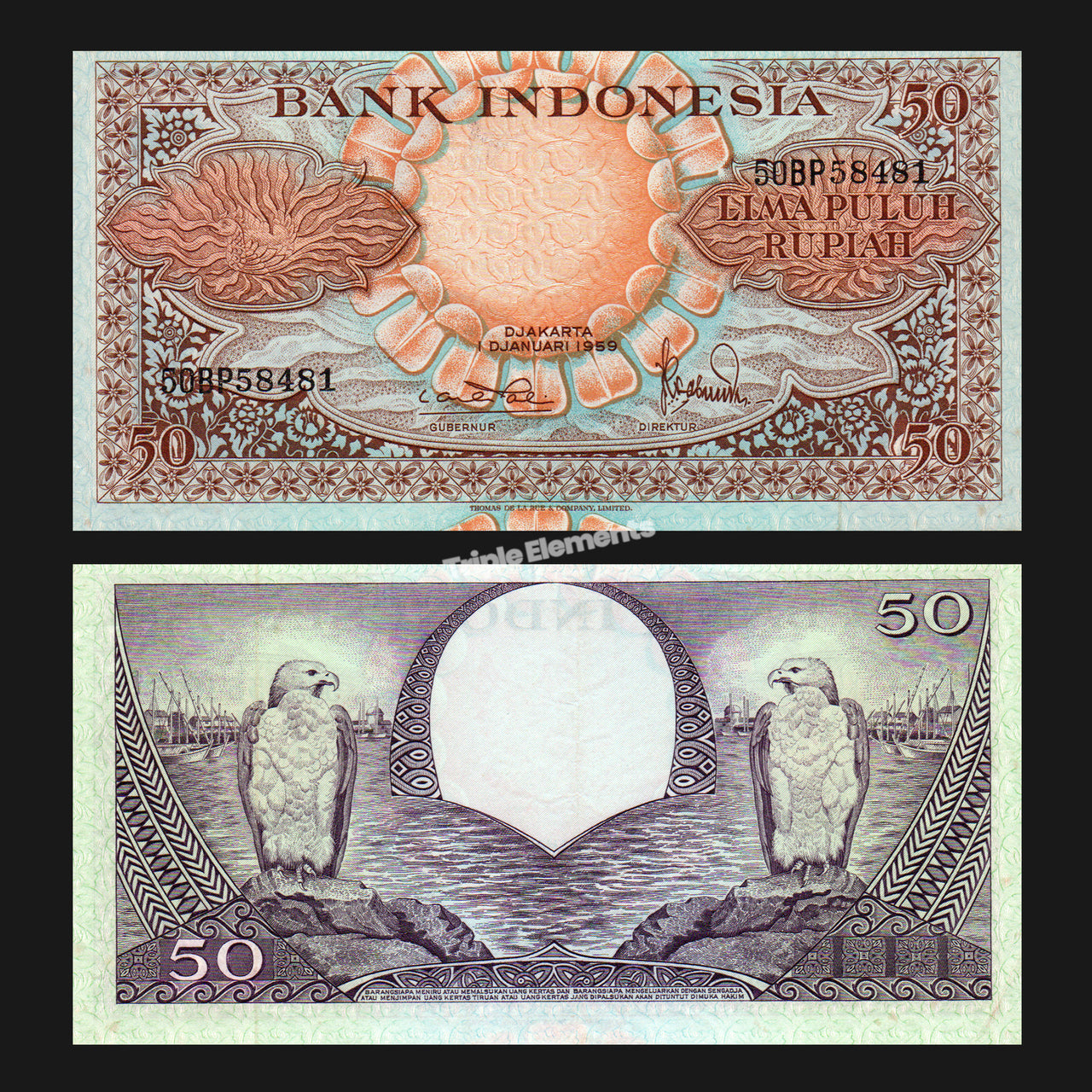 Indonesia 1959 Flower Series 50 Rupiah Denomination Banknotes