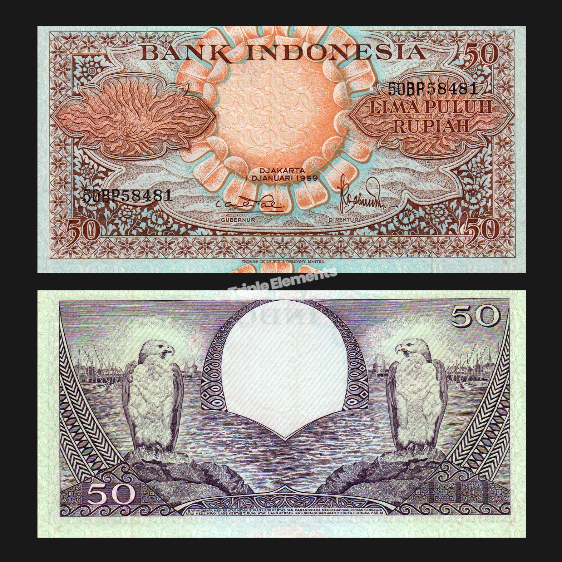 Indonesia 1959 Flower Series 50 Rupiah Denomination Banknotes