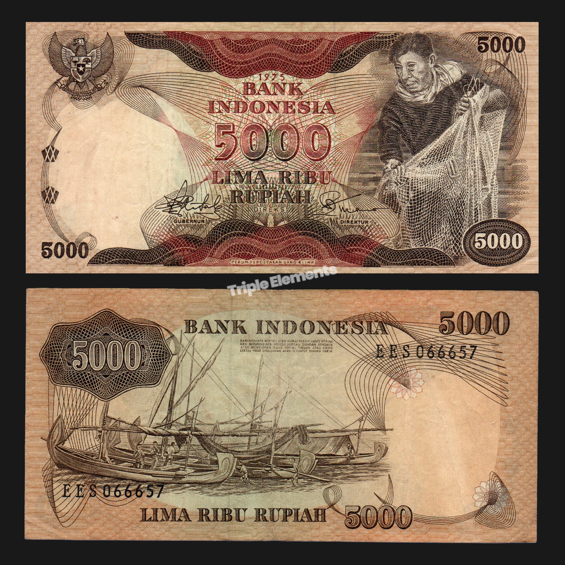 Indonesia 1975 Fisherman Series 5000 Rupiah - Original Vintage Banknote
