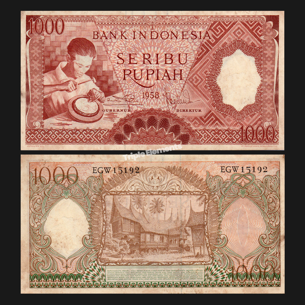Vintage Money Worker Series 1958 Indonesia Old Currency 1000 Rupiah Red Variant