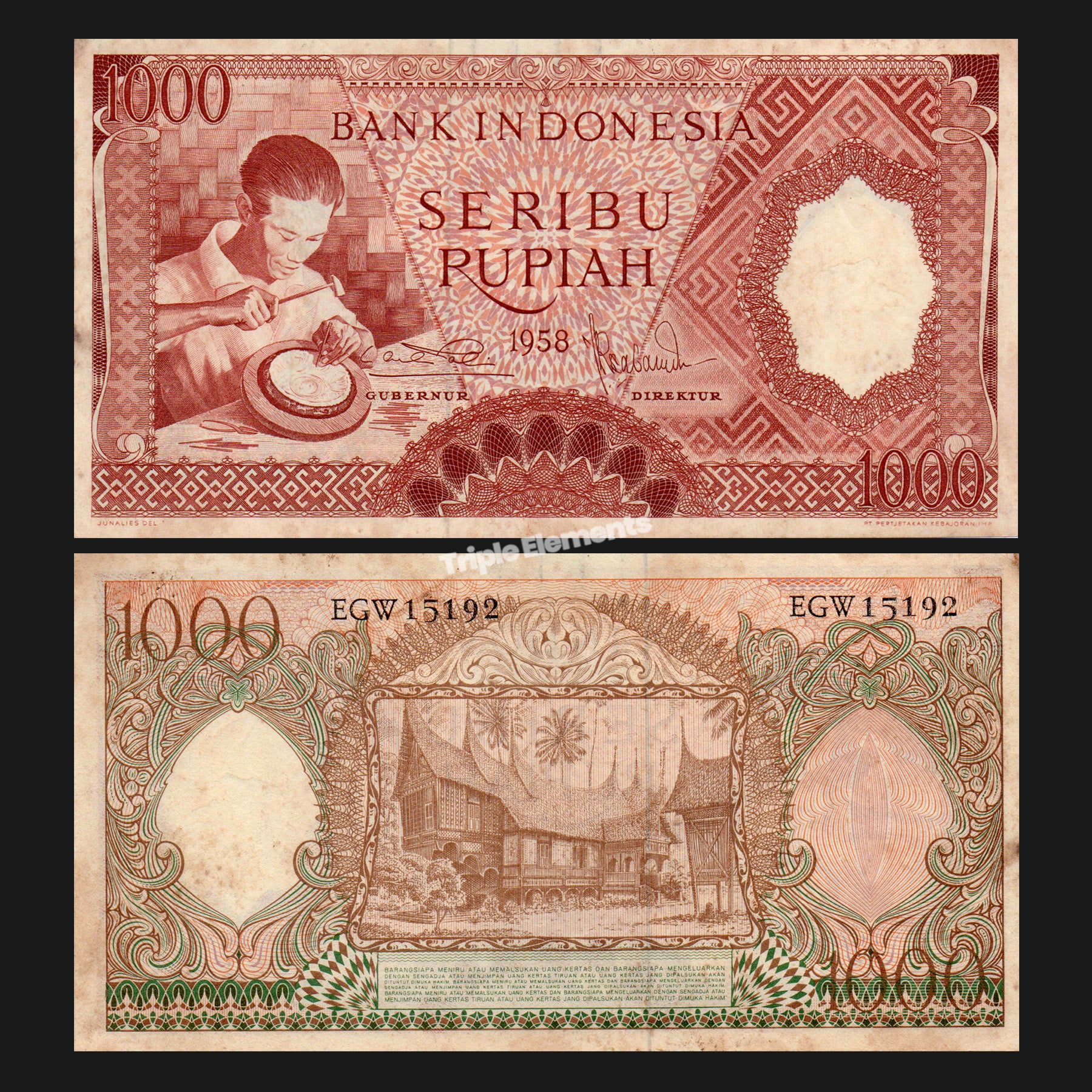Vintage Money Worker Series 1958 Indonesia Old Currency 1000 Rupiah Red Variant