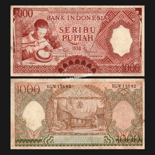 Vintage Money Worker Series 1958 Indonesia Old Currency 1000 Rupiah Red Variant