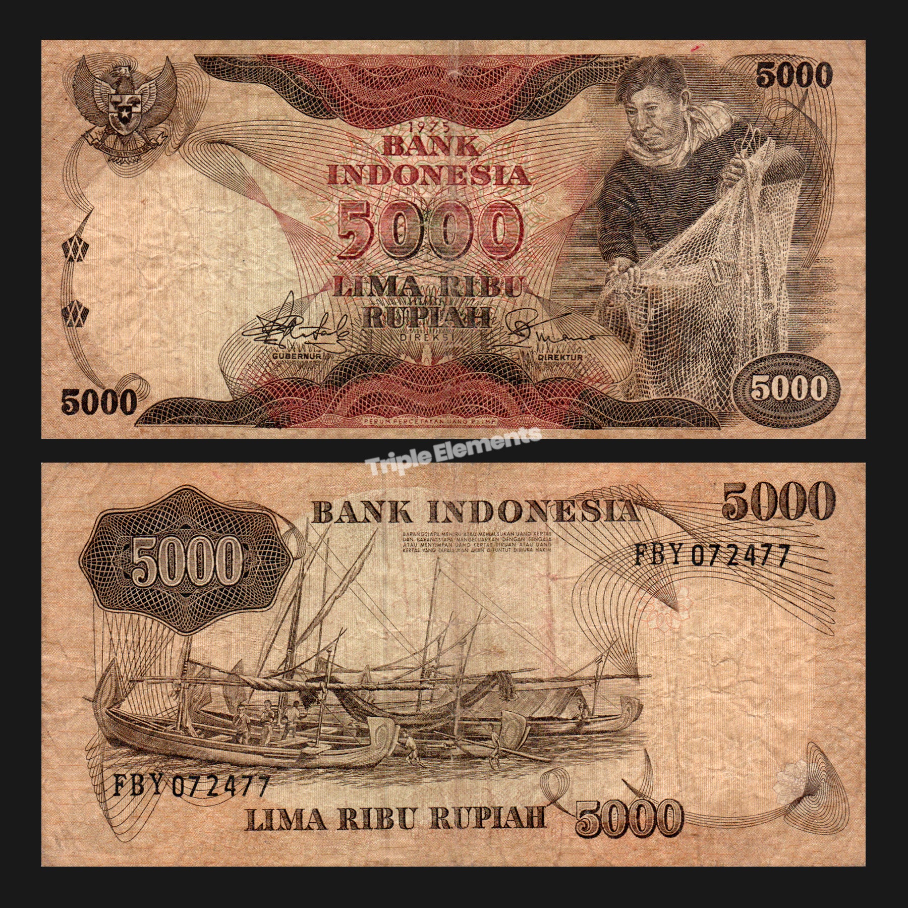 Indonesia 1975 Fisherman Series 5000 Rupiah - Original Vintage Banknote