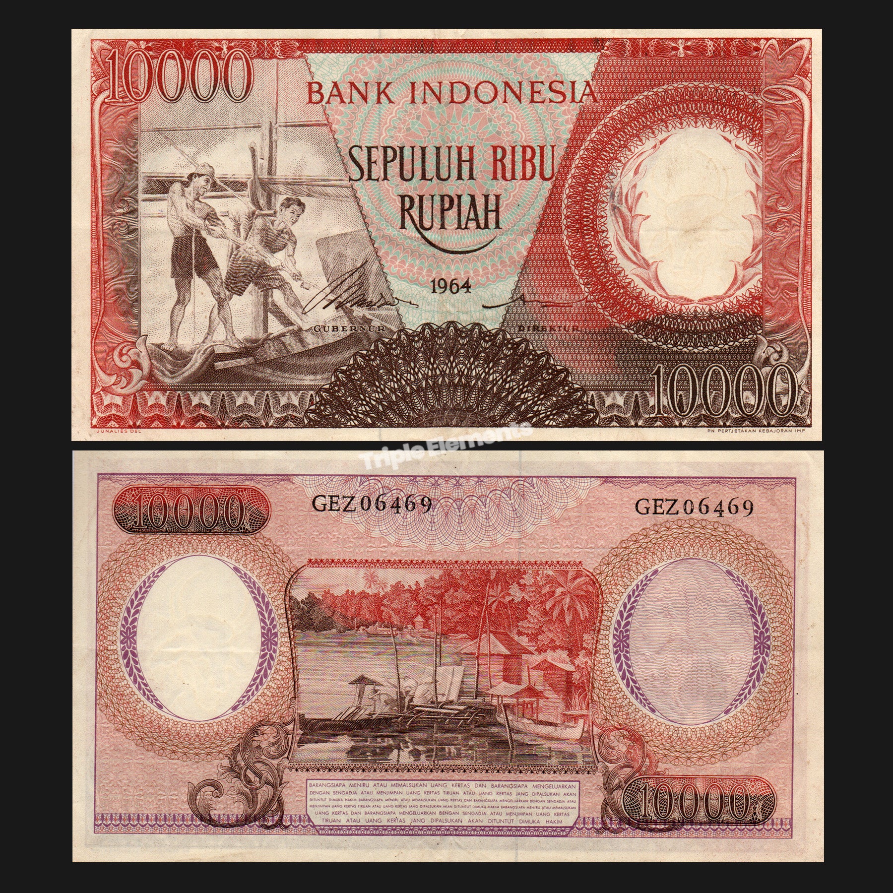 Old Money Worker Series 1964 Indonesia Vintage Currency 10000 Rupiah Red Variant