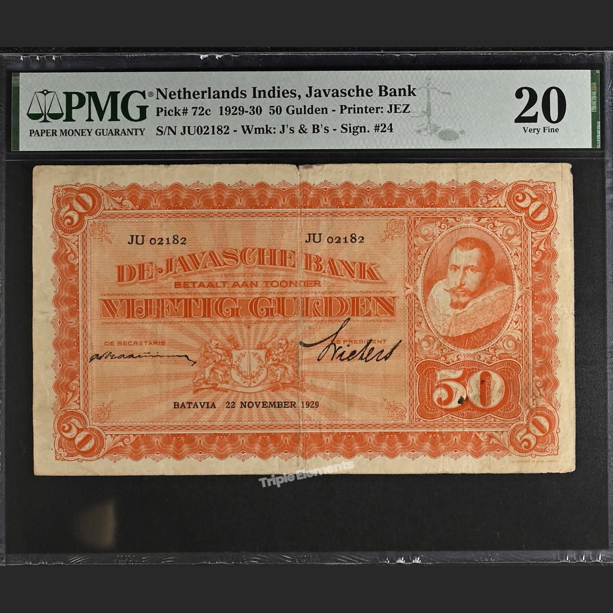 Scarce Antique Currency 1929 Coen 50 Gulden PMG 20 Certified — front view