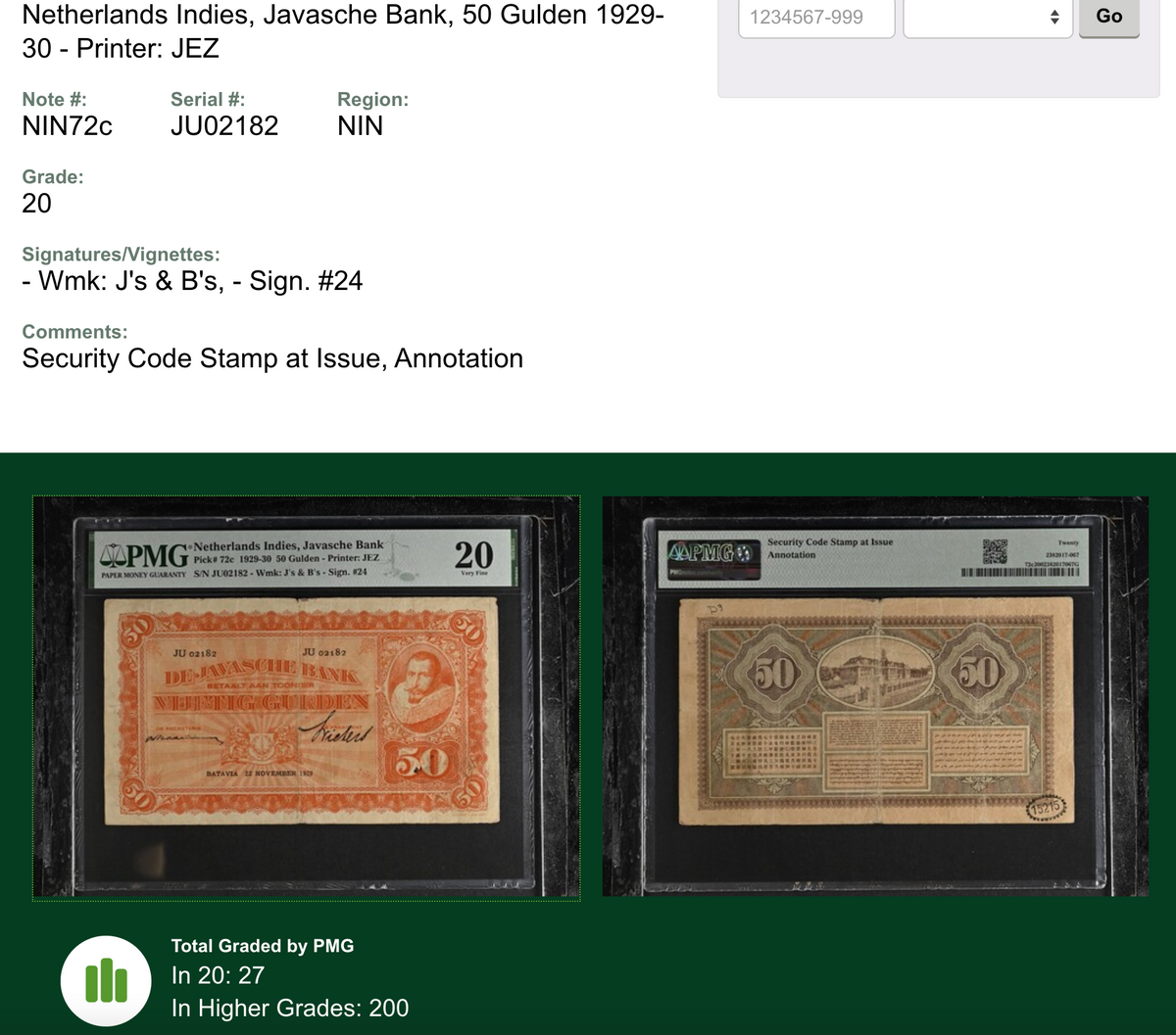 Scarce Antique Currency 1929 Coen 50 Gulden PMG 20 Certified — close-up detail