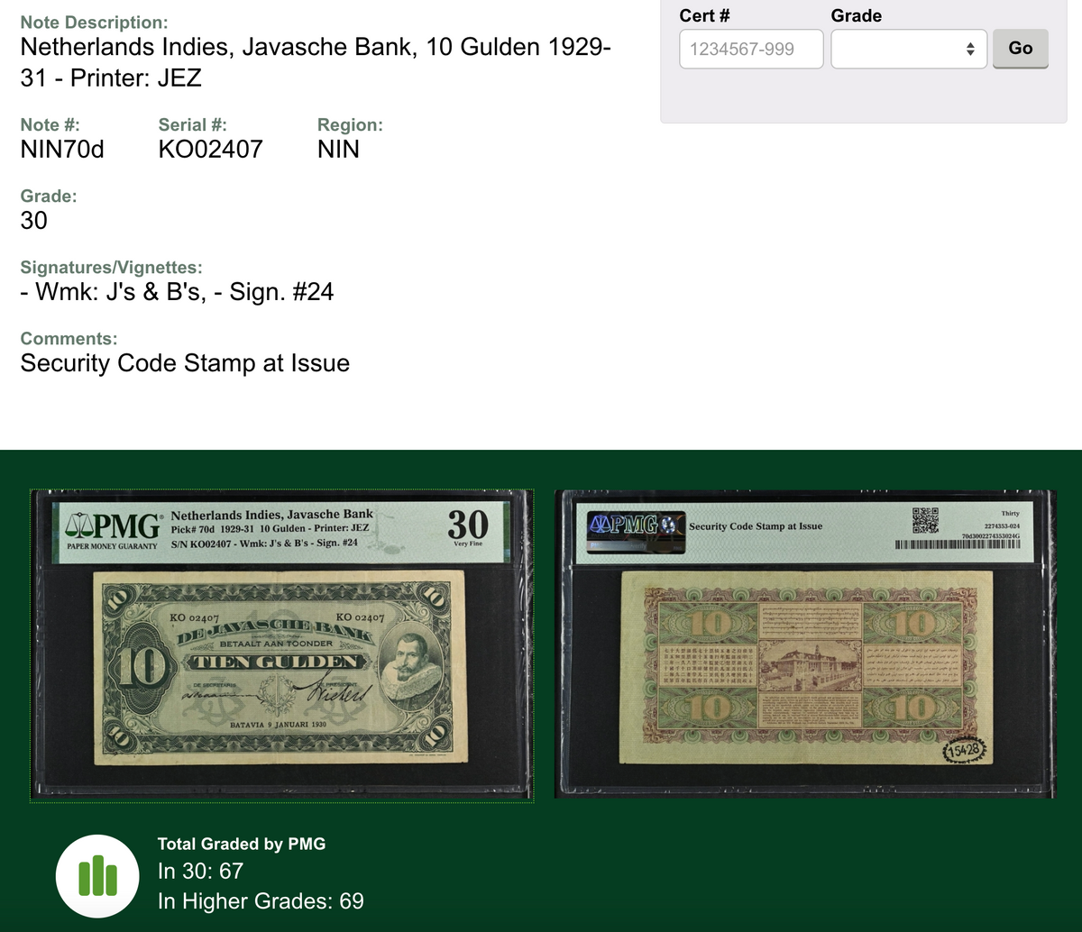 Rare Vintage Paper Money 1930 Coen 10 Gulden PMG 30 Certified — close-up detail