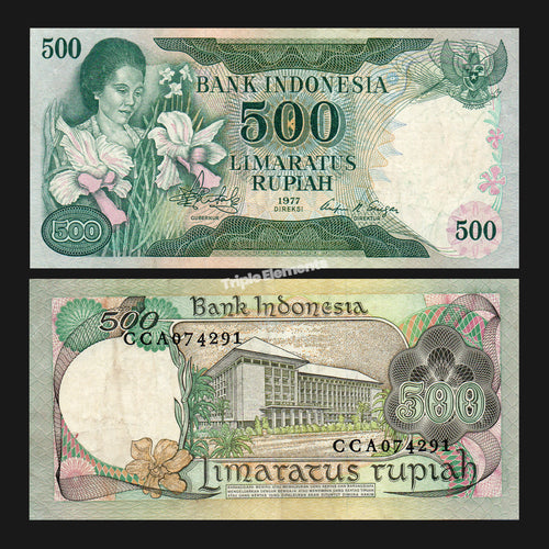 Rare Vintage Currency 1977 Indonesia 500 Rupiah Lady Orchid Banknote Rachmi Hatta Choose Grade