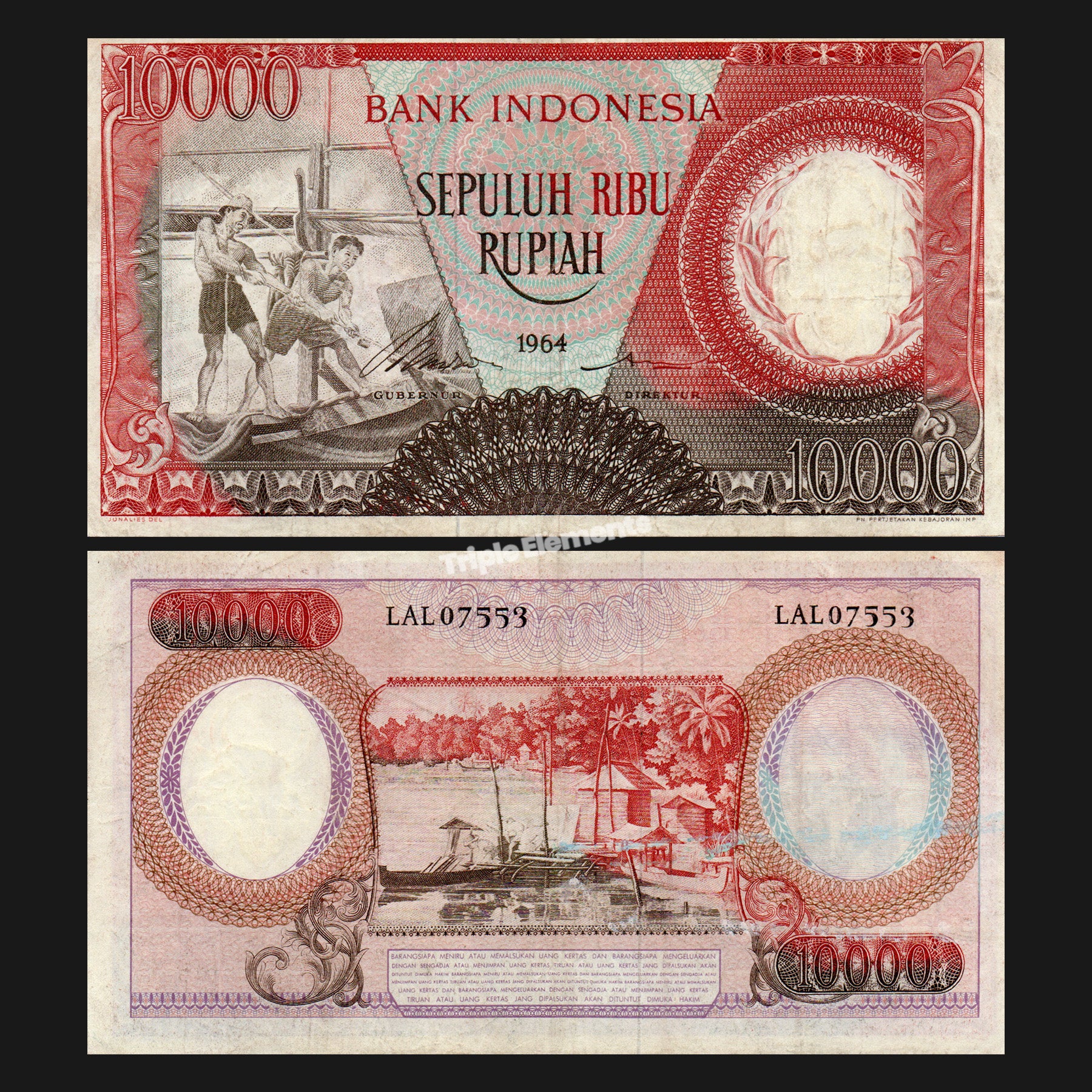Old Money Worker Series 1964 Indonesia Vintage Currency 10000 Rupiah Red Variant