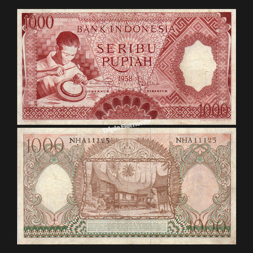 Vintage Money Worker Series 1958 Indonesia Old Currency 1000 Rupiah Red Variant