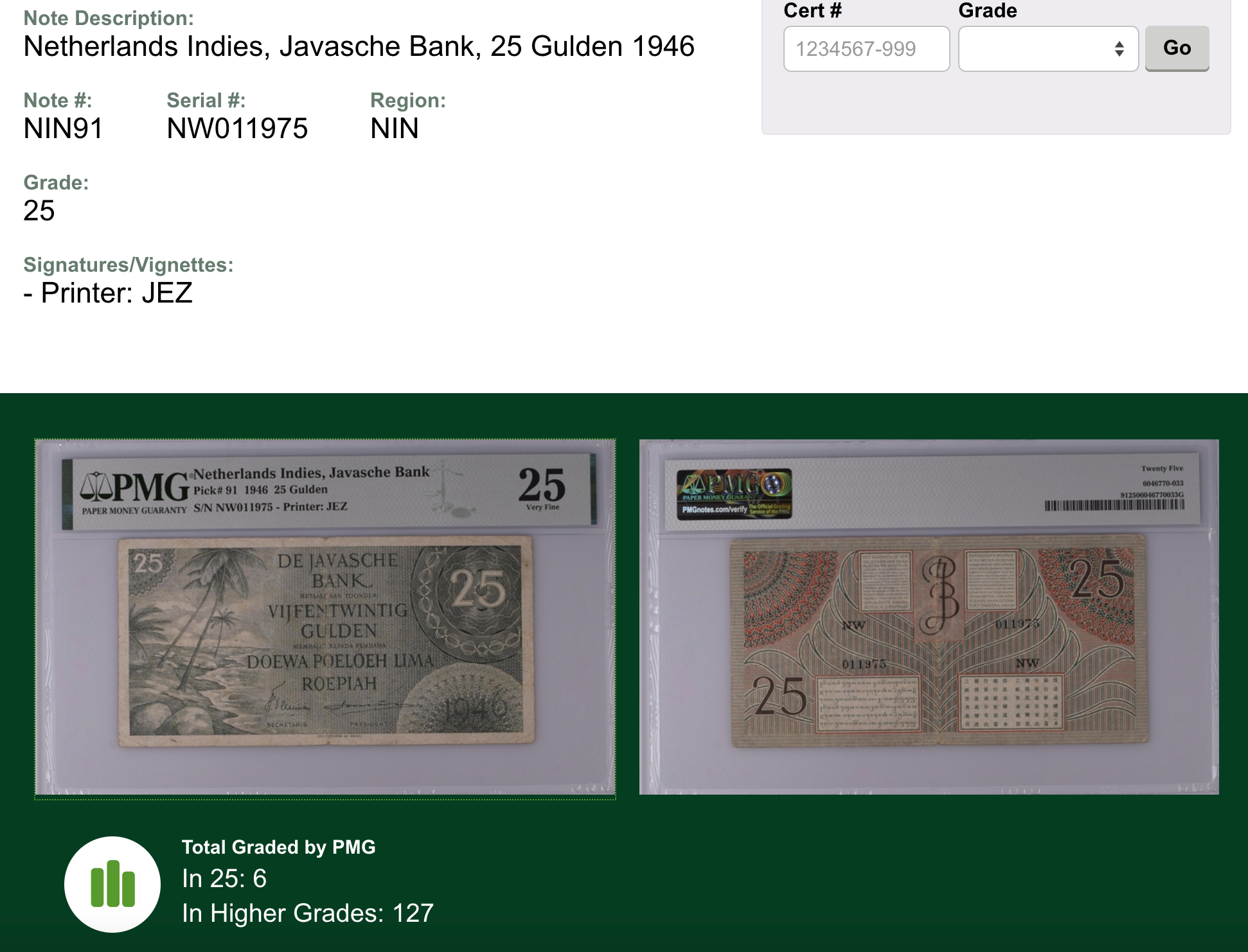 Federal Series 25 Gulden 1946 Indonesia Banknote PMG 25 Very Fine