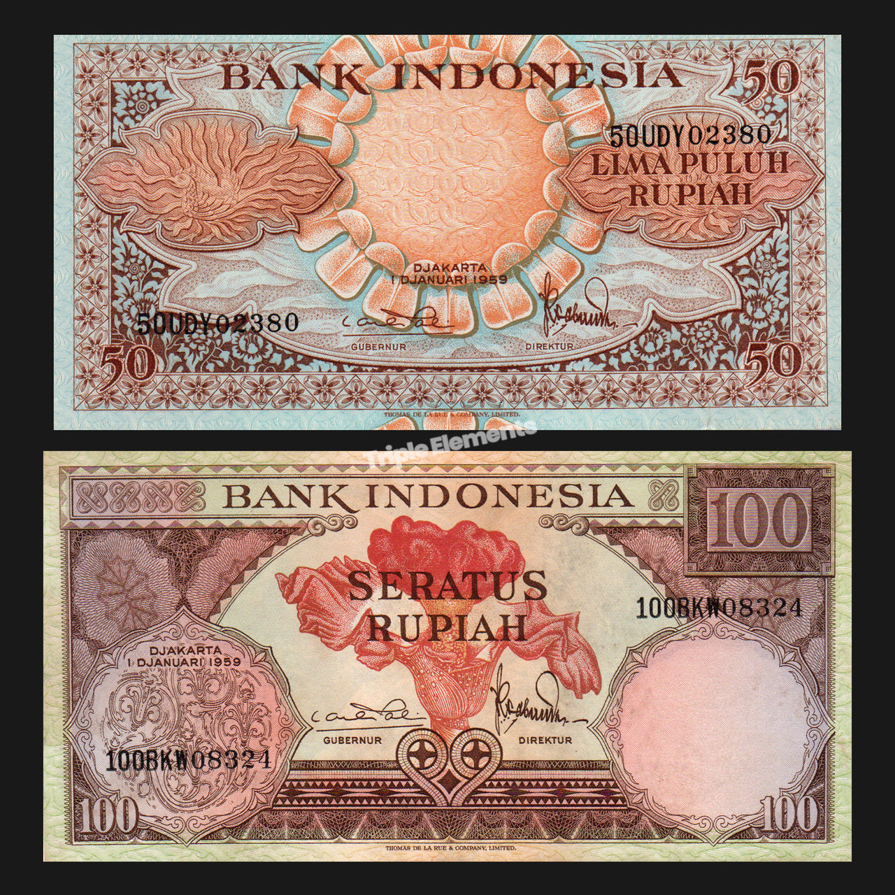 AU/UNC Pair of Indonesia 1959 Banknote Set Flower Series 50 & 100 Rupiah