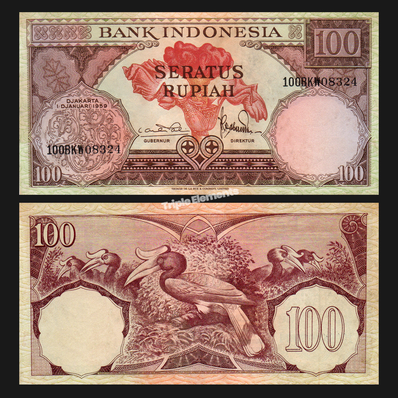 AU/UNC Pair of Indonesia 1959 Banknote Set Flower Series 50 & 100 Rupiah