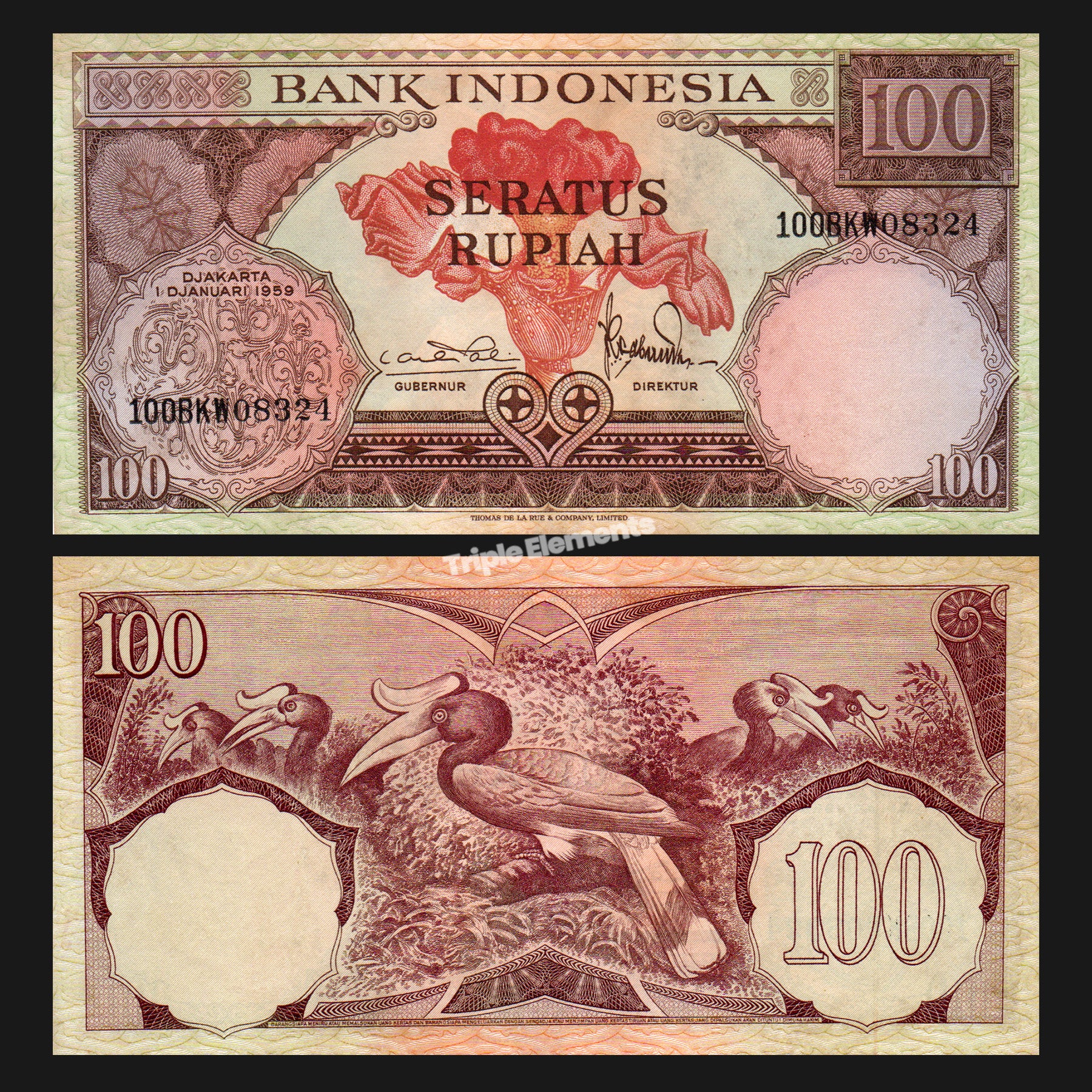 AU/UNC Pair of Indonesia 1959 Banknote Set Flower Series 50 & 100 Rupiah