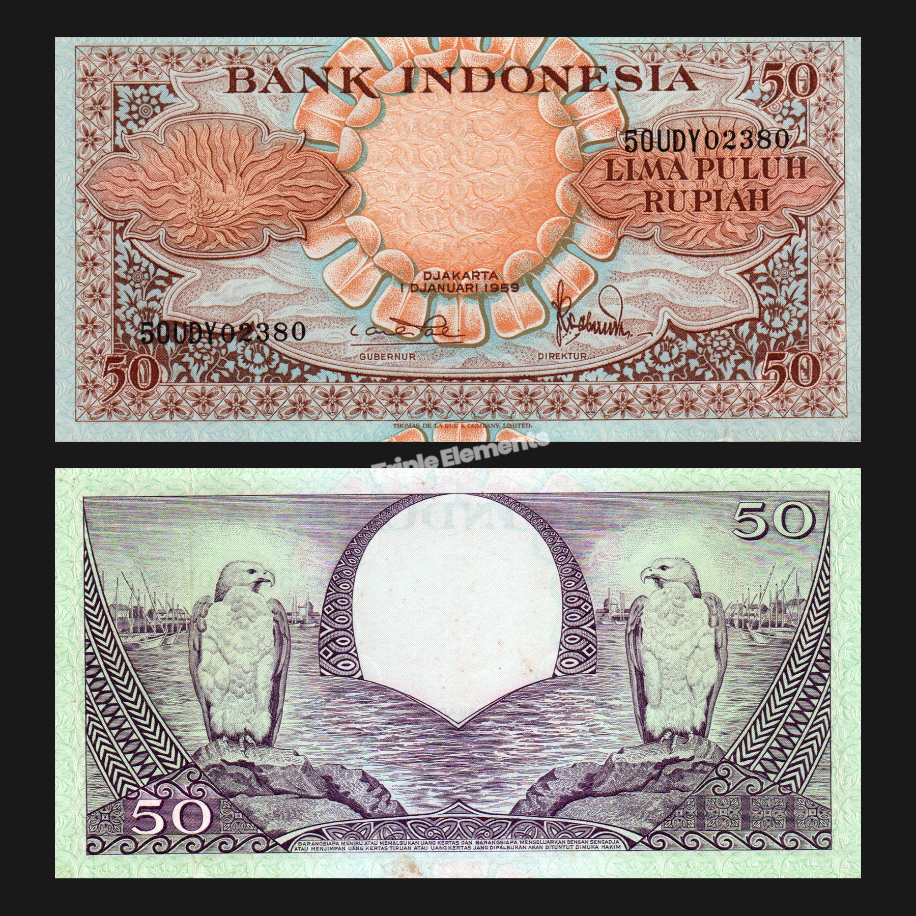 AU/UNC Pair of Indonesia 1959 Banknote Set Flower Series 50 & 100 Rupiah