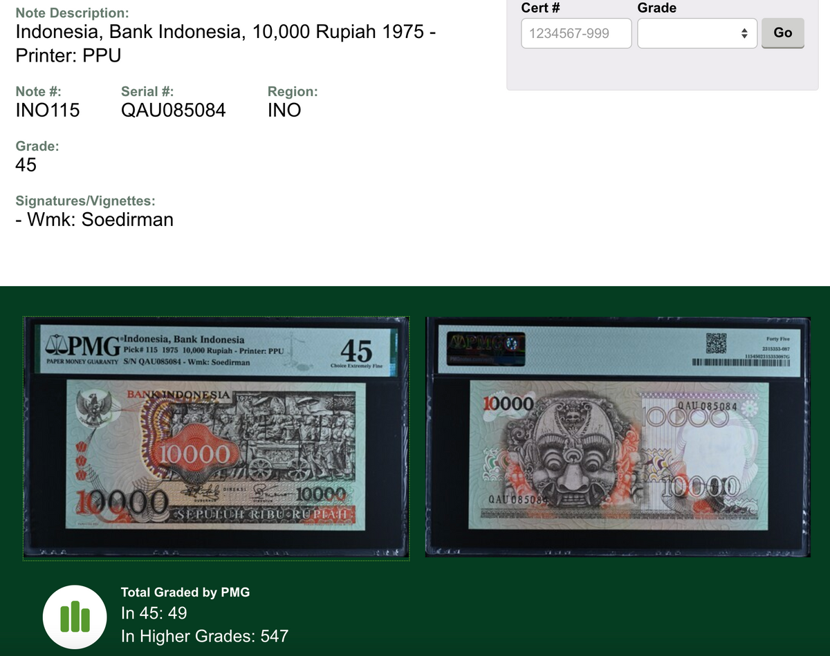 Indonesia Bali Design Banknote 1975 Barong Mask 10000 Rupiah PMG 45 Extremely Fine — close-up detail
