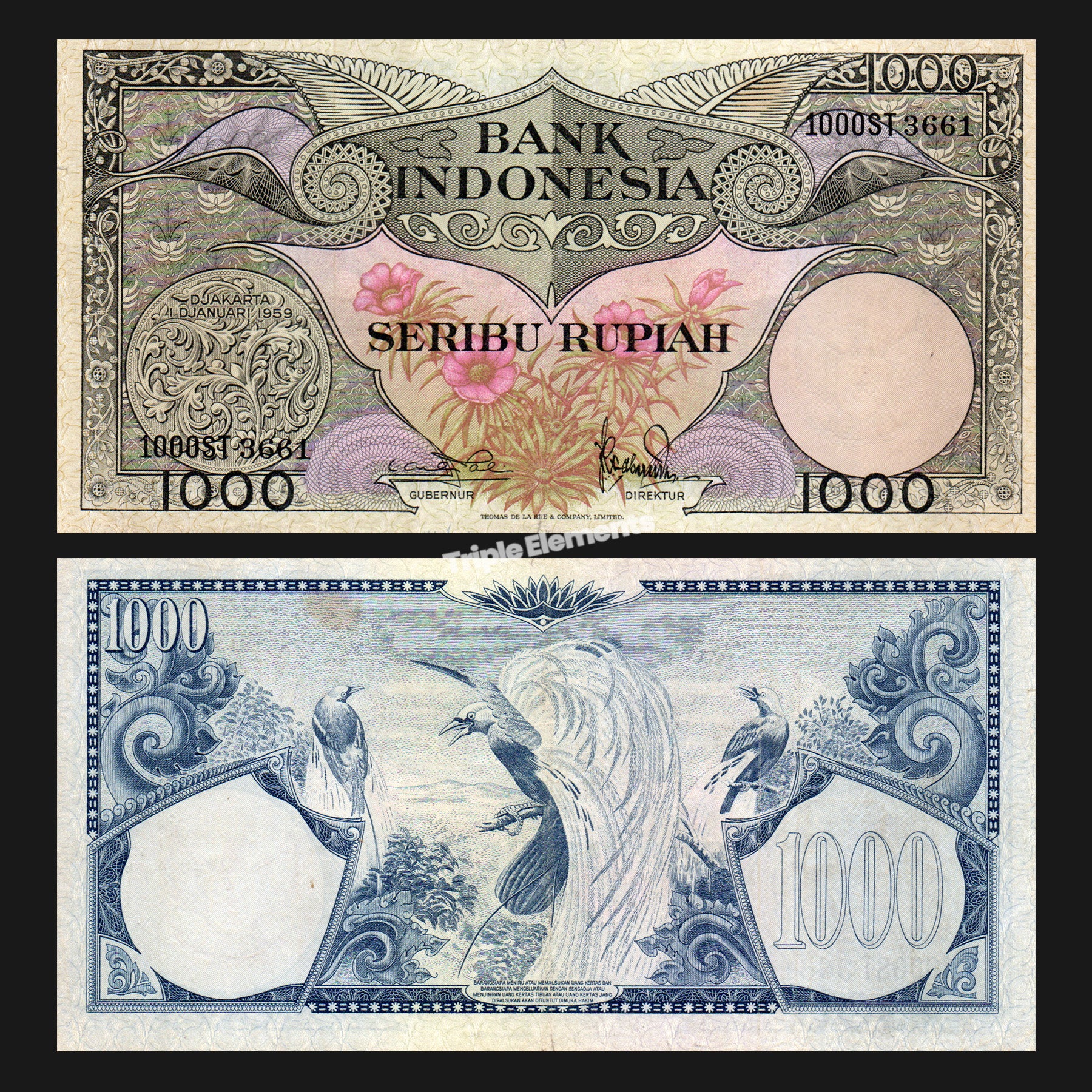 Flower Series 1959 Top Denomination 1000 Rupiah 1959 Indonesia Banknote