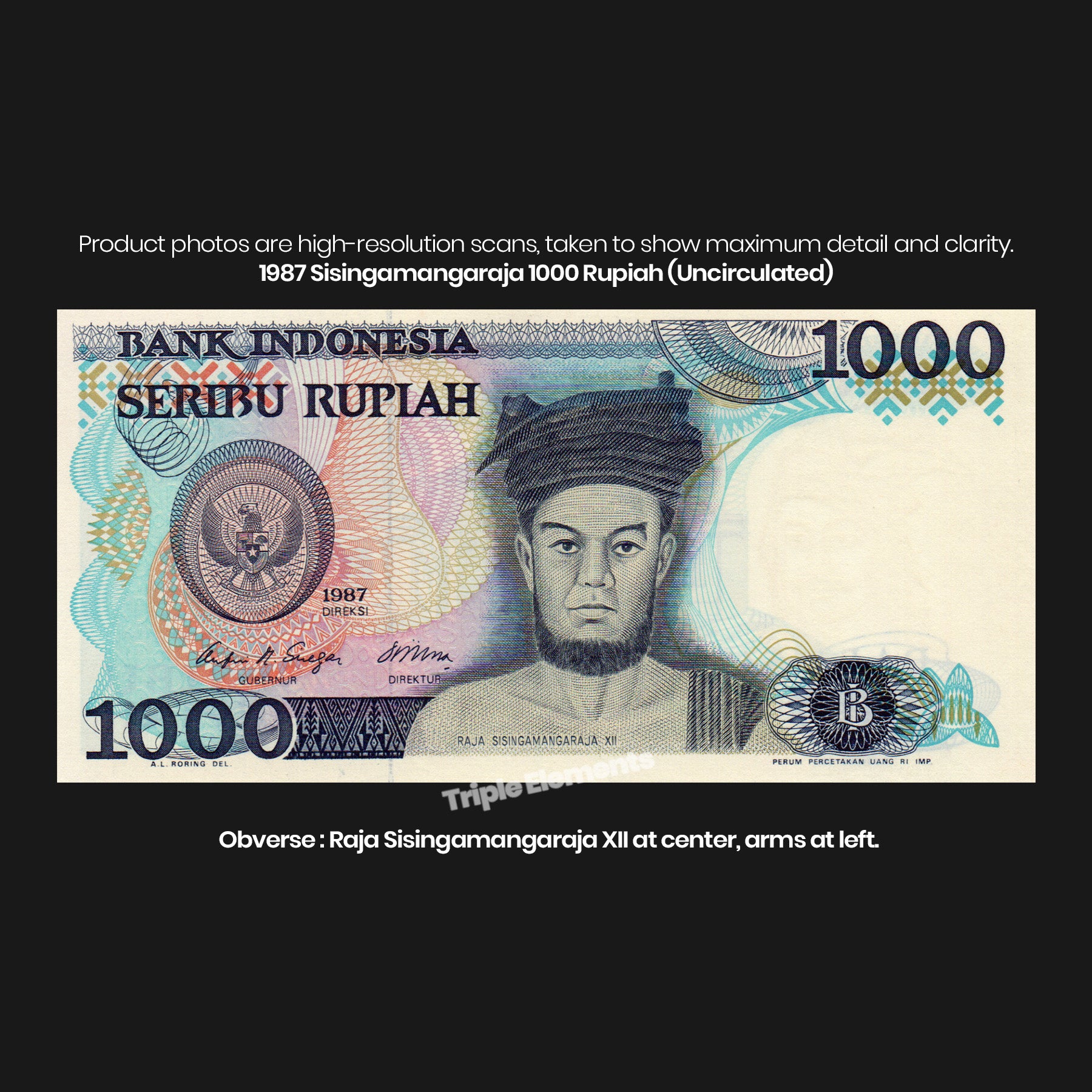Old Money 1987 Sisingamangaraja UNC 1000 Rupiah Indonesia Banknote Colorful Ornate Design