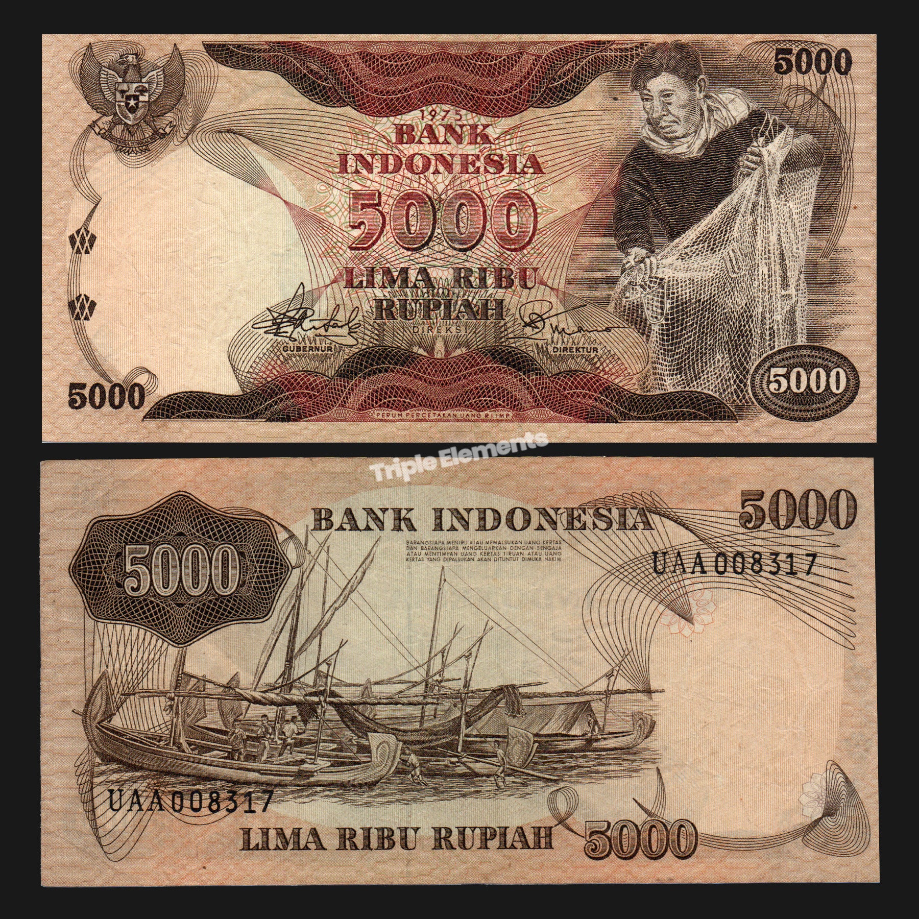 Indonesia 1975 Fisherman Series 5000 Rupiah - Original Vintage Banknote