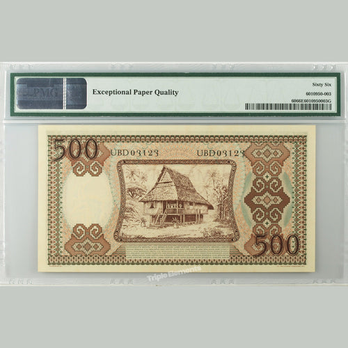 Gem Uncirculated Banknote 1958 Coconut Splitter 500 Rupiah PMG 66 EPQ Indonesia Worker Series — back view