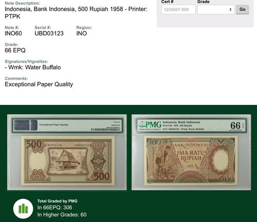 Gem Uncirculated Banknote 1958 Coconut Splitter 500 Rupiah PMG 66 EPQ Indonesia Worker Series — close-up detail