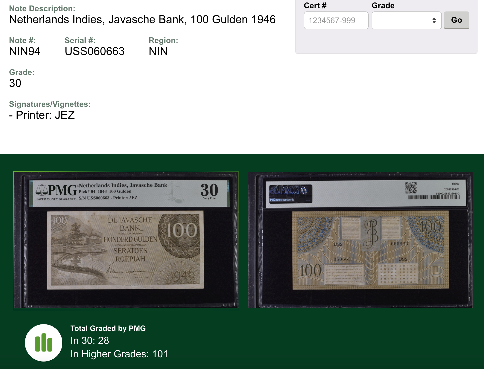 Indonesia Banknote 1946 Federal Series 100 Gulden PMG 30 Very Fine