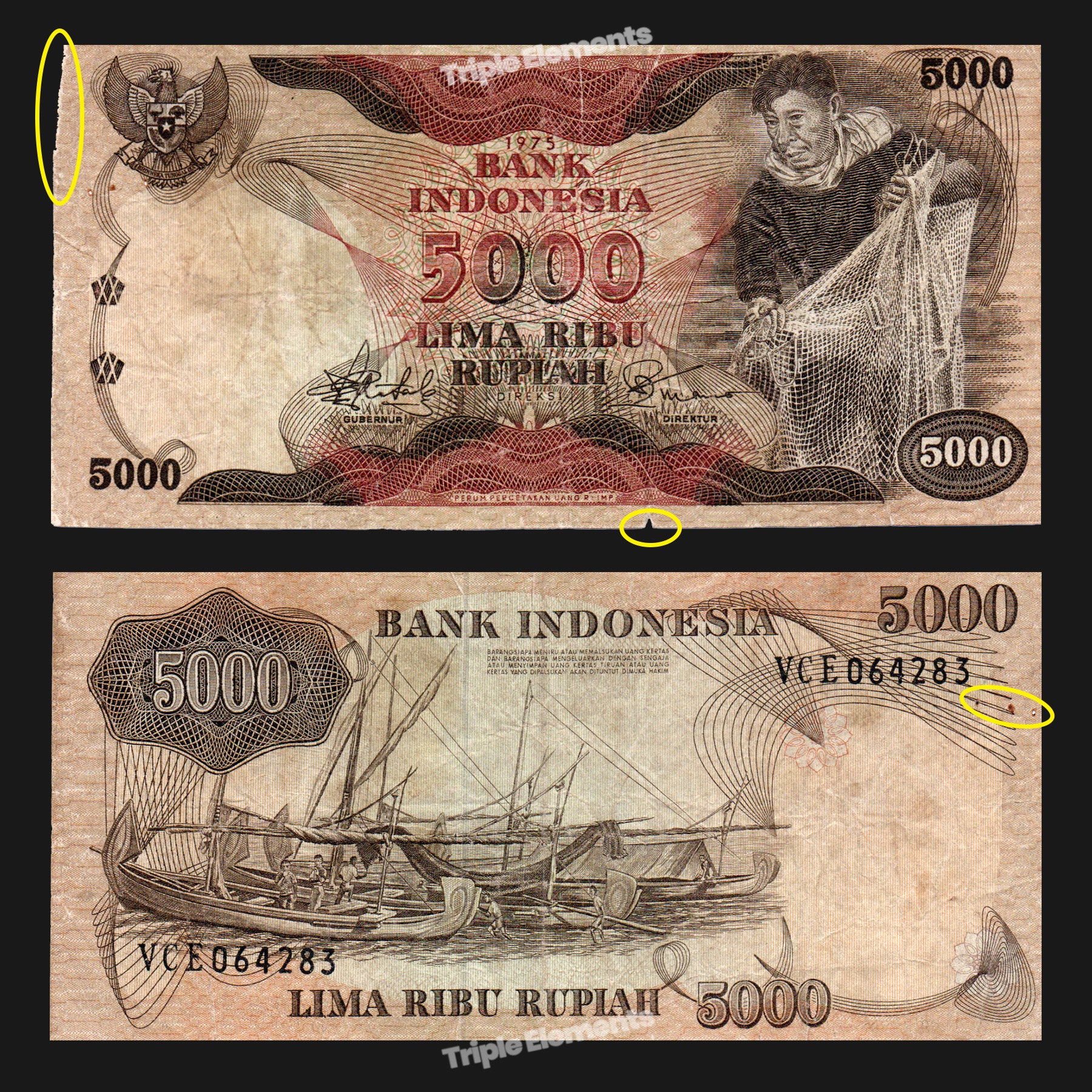 Indonesia 1975 Fisherman Series 5000 Rupiah - Original Vintage Banknote
