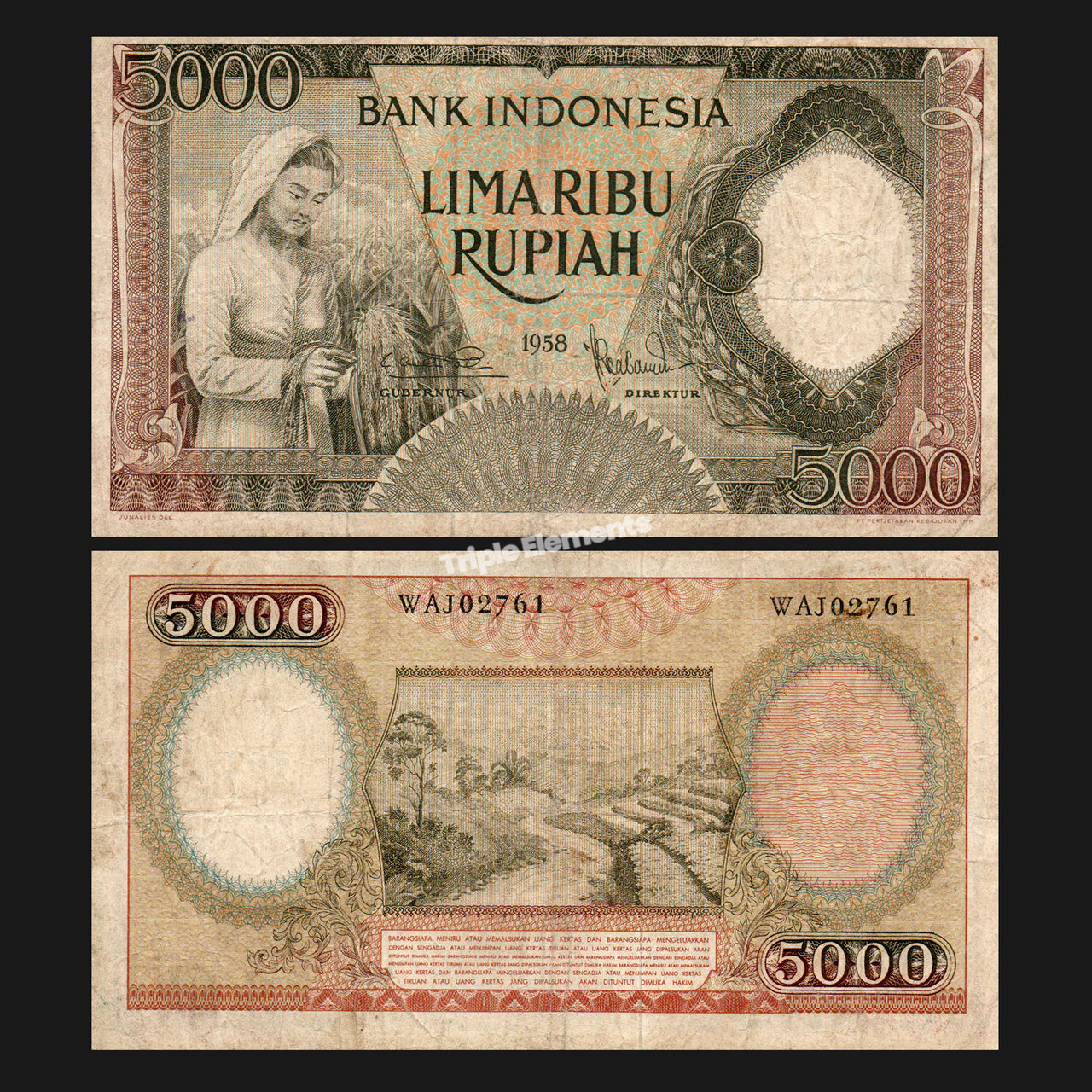Old Money Worker Series 1958 Indonesia Currency 5000 Rupiah - Gift for Numismatic Friend