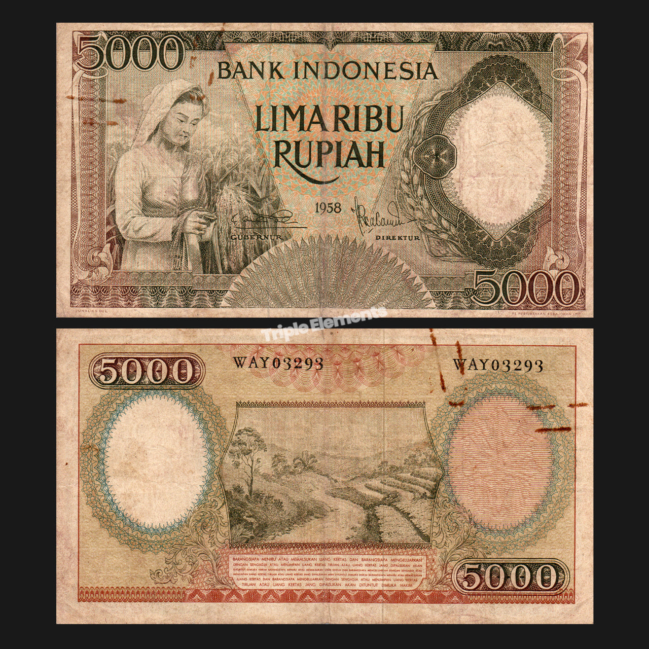 Old Money Worker Series 1958 Indonesia Currency 5000 Rupiah - Gift for Numismatic Friend