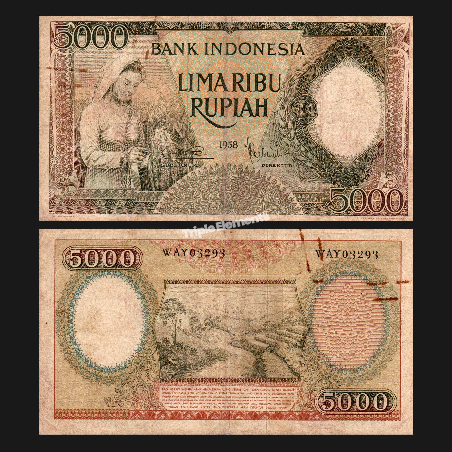 Old Money Worker Series 1958 Indonesia Currency 5000 Rupiah - Gift for Numismatic Friend