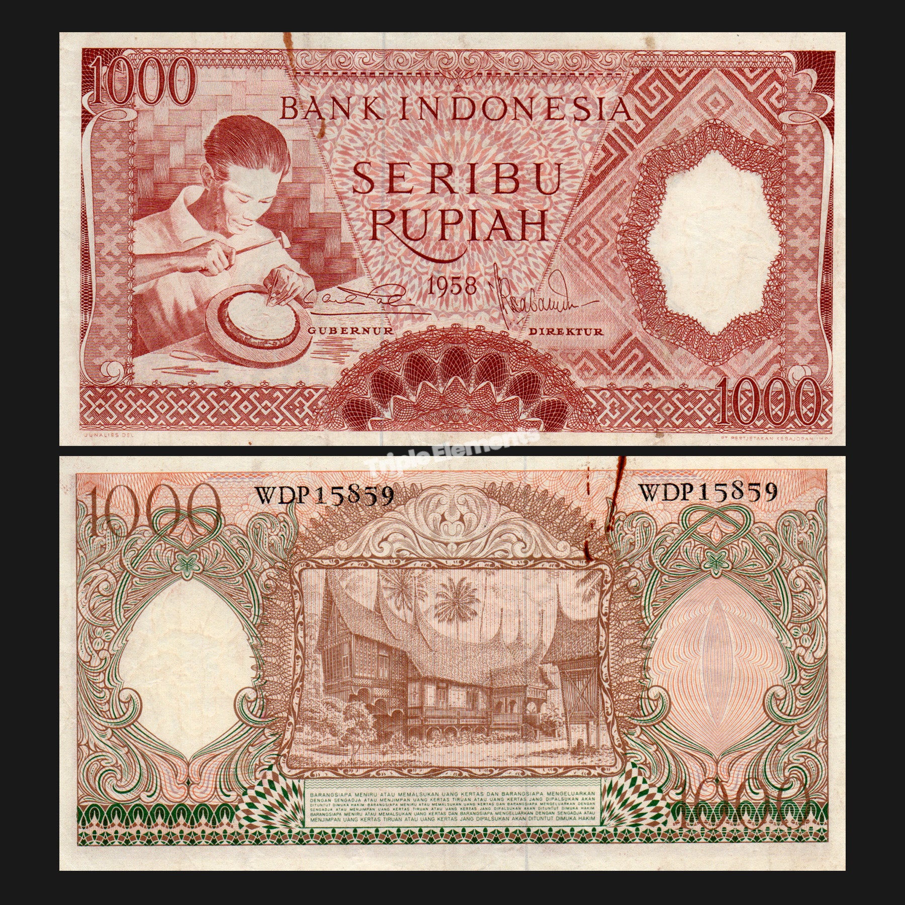 Vintage Money Worker Series 1958 Indonesia Old Currency 1000 Rupiah Red Variant