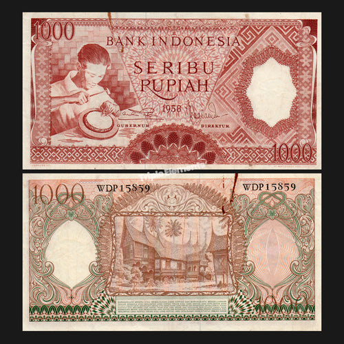 Vintage Money Worker Series 1958 Indonesia Old Currency 1000 Rupiah Red Variant