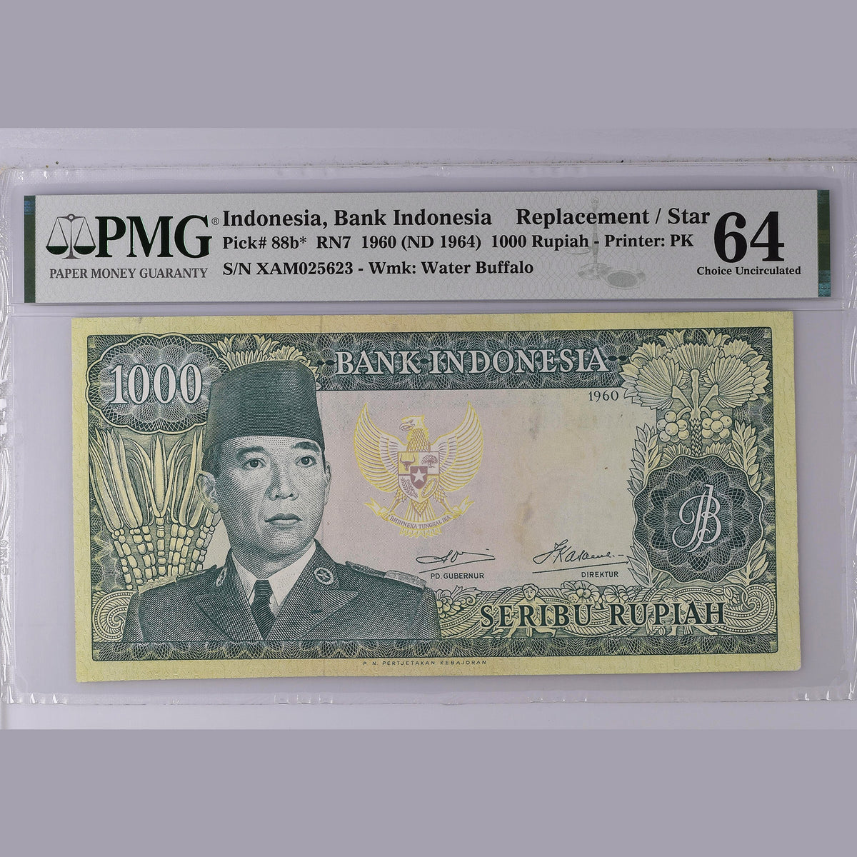 RARE Replacement Star Banknote 1960 Soekarno 1000 Rupiah PMG 64 Choice Uncirculated Indonesia — front view