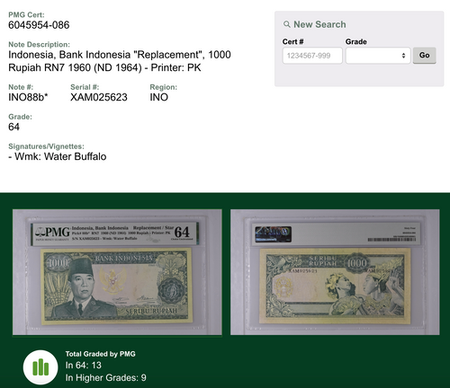 RARE Replacement Star Banknote 1960 Soekarno 1000 Rupiah PMG 64 Choice Uncirculated Indonesia — close-up detail