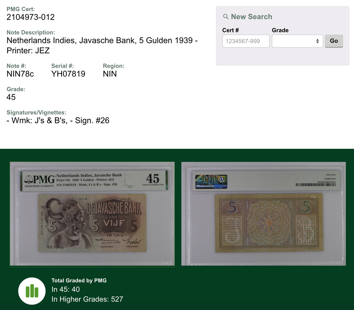 Rare Vintage Paper Money 1939 Wayang 5 Gulden PMG 45 Certified Note — close-up detail