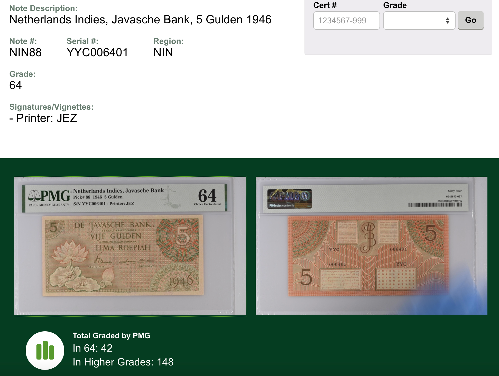1946 Indonesia 5 Gulden Federal Series PMG 64 UNC Condition Banknote